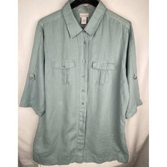 Soft Surroundings Tops - Soft Surroundings Tunic Top Womens 3X Muted Blue 100% Linen Roll Tab Shirt